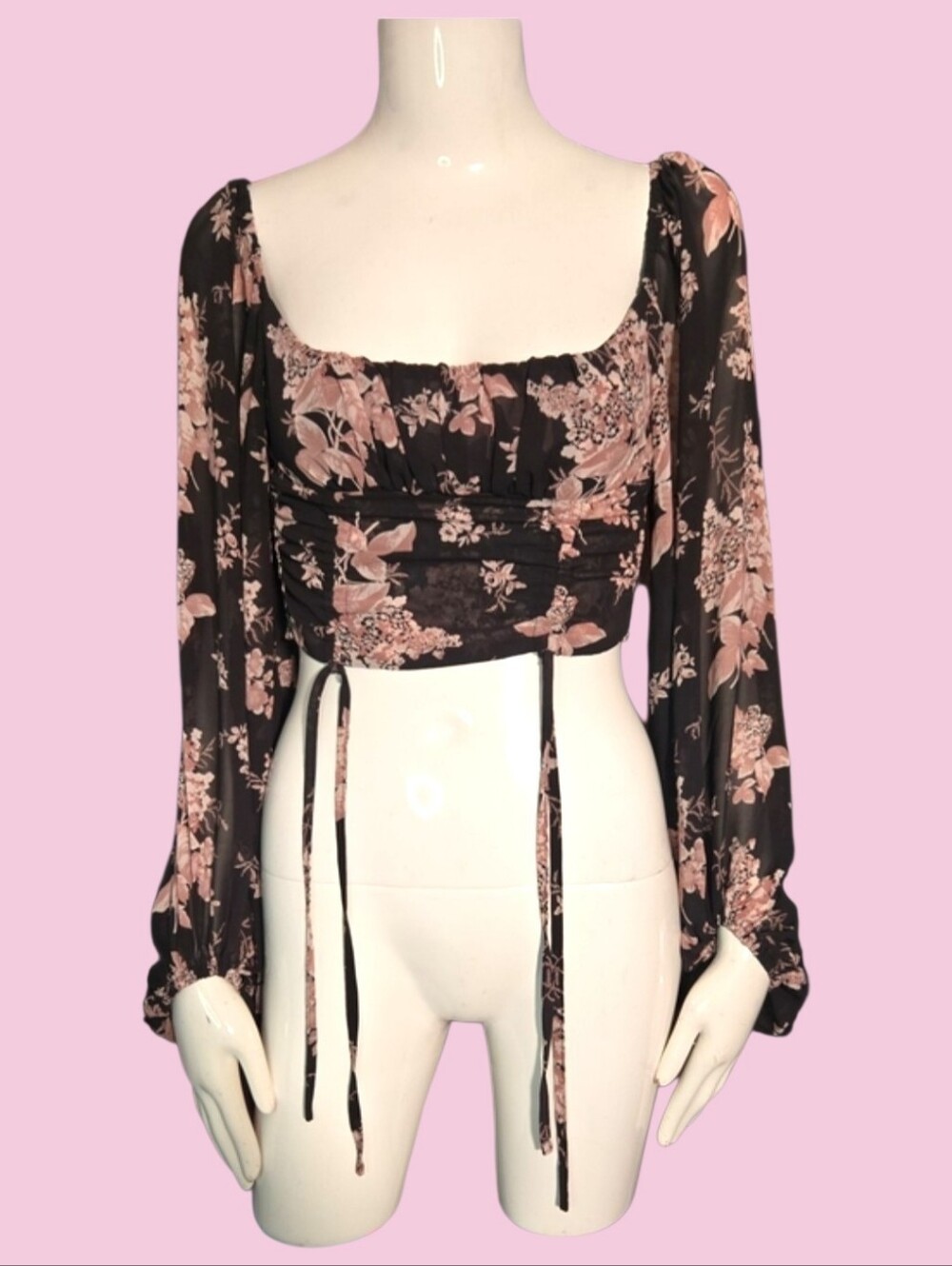 Floral Square-Neck Long-Sleeve Crop Top in Black & Blush